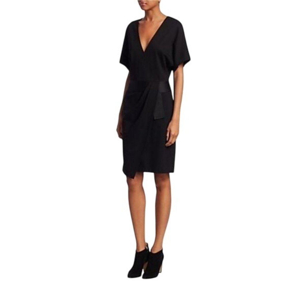 Halston Faux Wrap Dress 14 Black Dolman Sleeve Drape Designer Lbd Formal Luxury